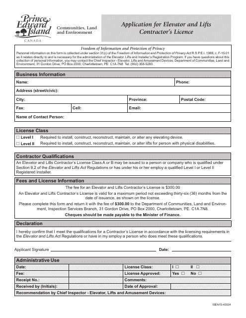 Application for Elevator and Lifts Contractor's Licence - Prince Edward Island, Canada