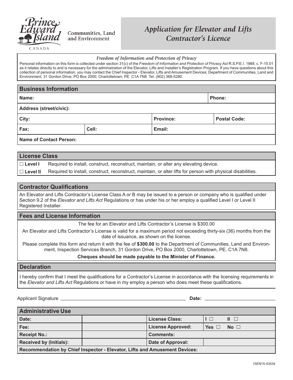 Application for Elevator and Lifts Contractors Licence - Prince Edward Island, Canada, Page 1