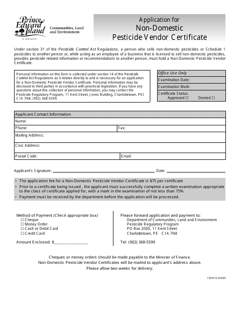 Application for Non-domestic Pesticide Vendor Certificate - Prince Edward Island, Canada Download Pdf