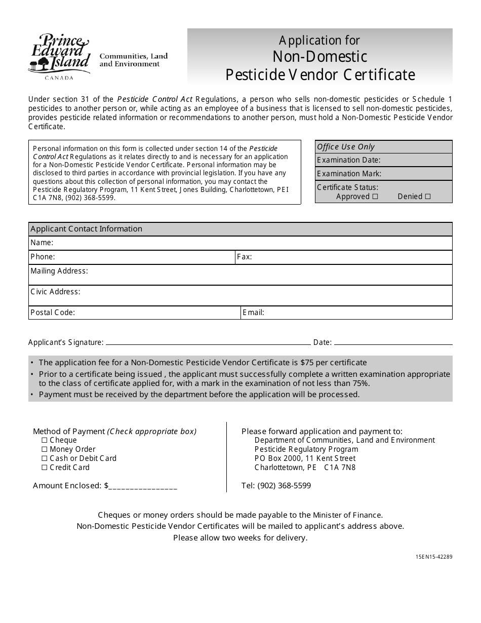 Application for Non-domestic Pesticide Vendor Certificate - Prince Edward Island, Canada, Page 1