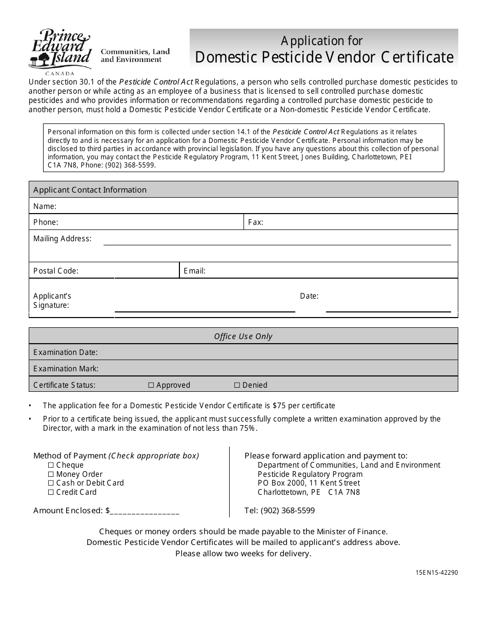Application for Domestic Pesticide Vendor Certificate - Prince Edward Island, Canada, Page 1