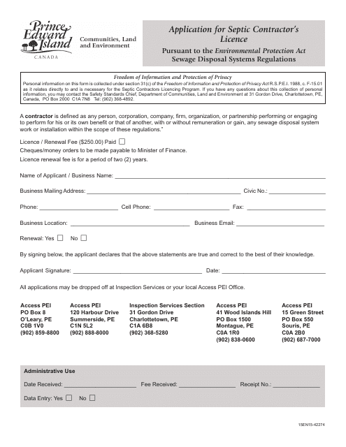 Application for Septic Contractor's Licence - Prince Edward Island, Canada