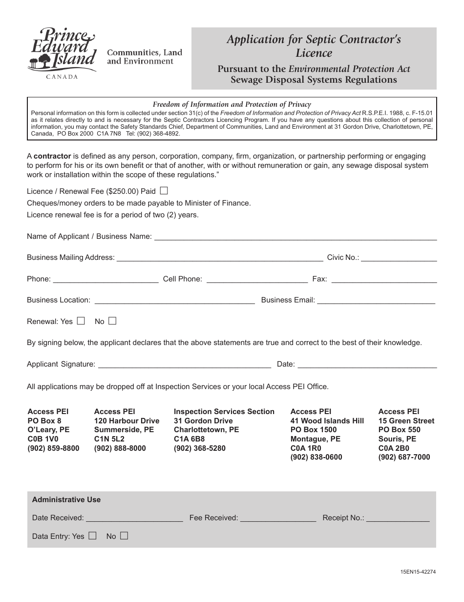 Application for Septic Contractors Licence - Prince Edward Island, Canada, Page 1