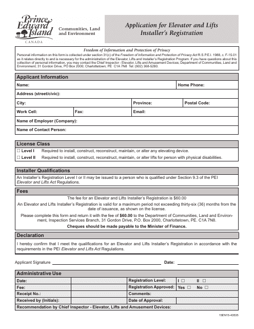 Application for Elevator and Lifts Installer's Registration - Prince Edward Island, Canada