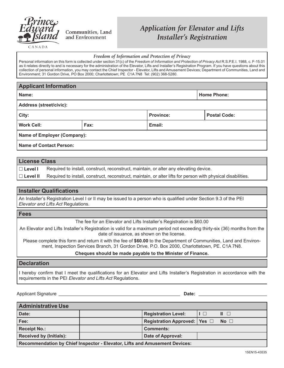 Application for Elevator and Lifts Installers Registration - Prince Edward Island, Canada, Page 1
