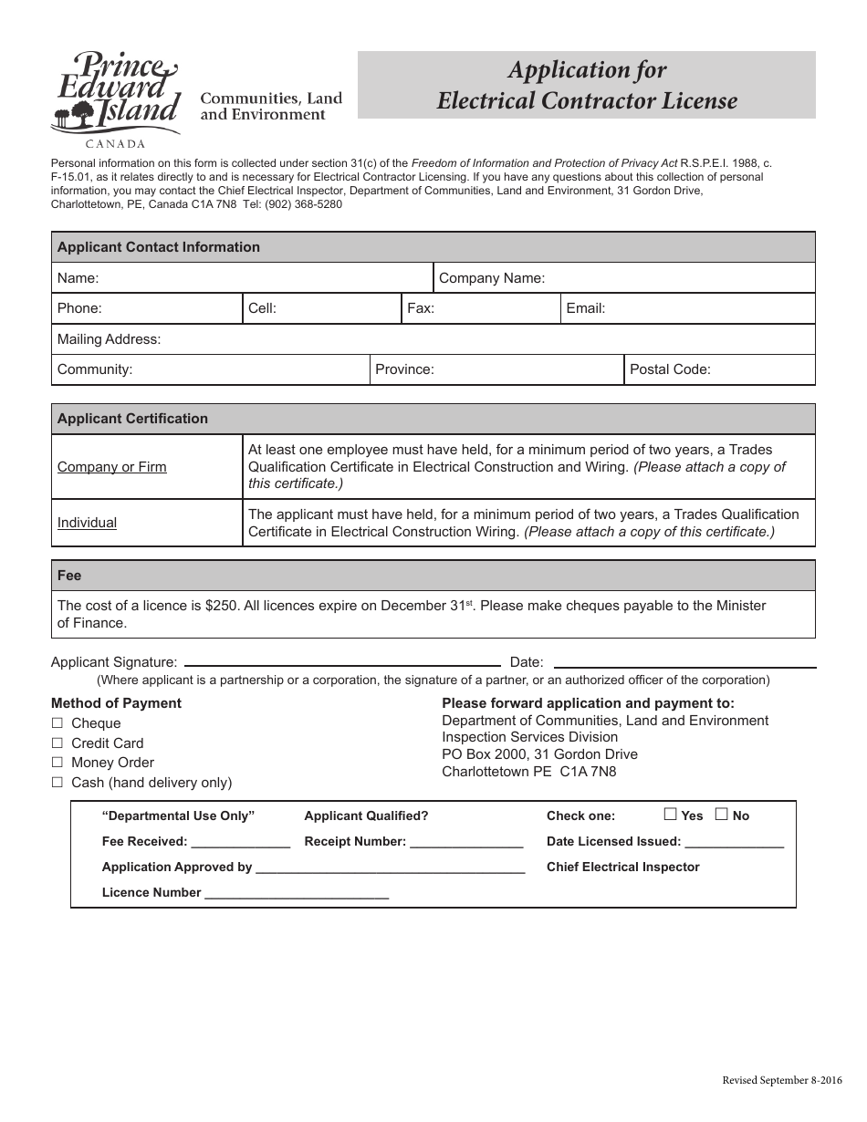 Prince Edward Island Canada Application For Electrical Contractor ...