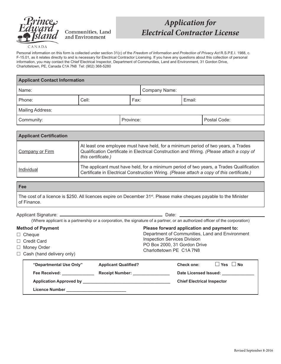Application for Electrical Contractor License - Prince Edward Island, Canada, Page 1