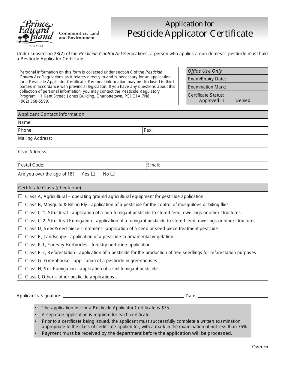 Prince Edward Island Canada Application for Pesticide Applicator