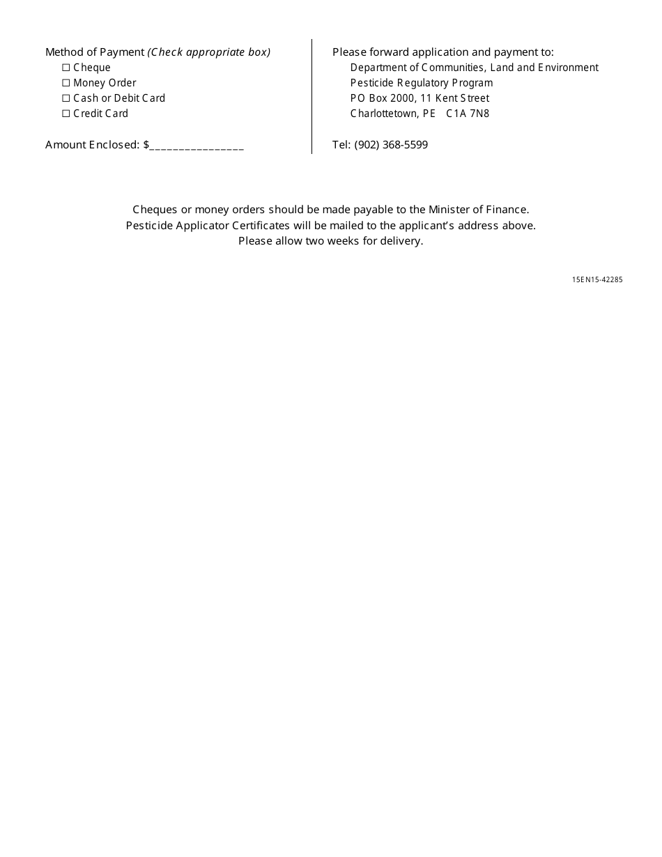 Prince Edward Island Canada Application for Pesticide Applicator