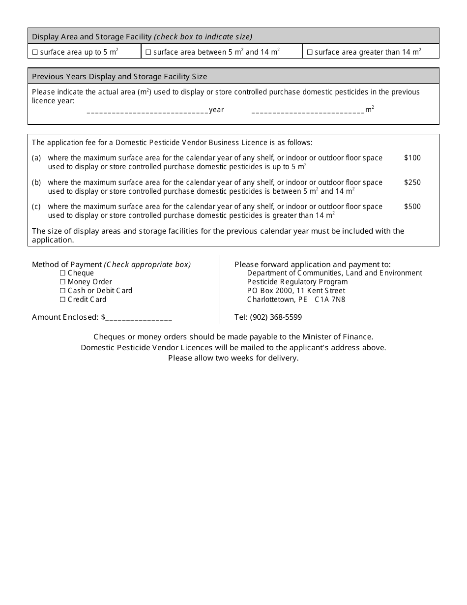 Prince Edward Island Canada Application for Domestic Pesticide Vendor