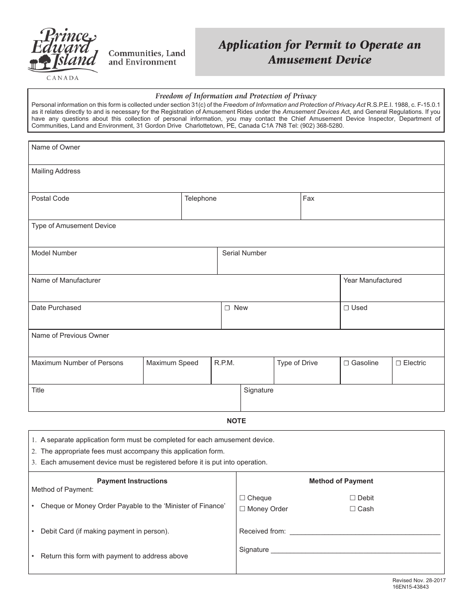 Application for Permit to Operate an Amusement Device - Prince Edward Island, Canada, Page 1