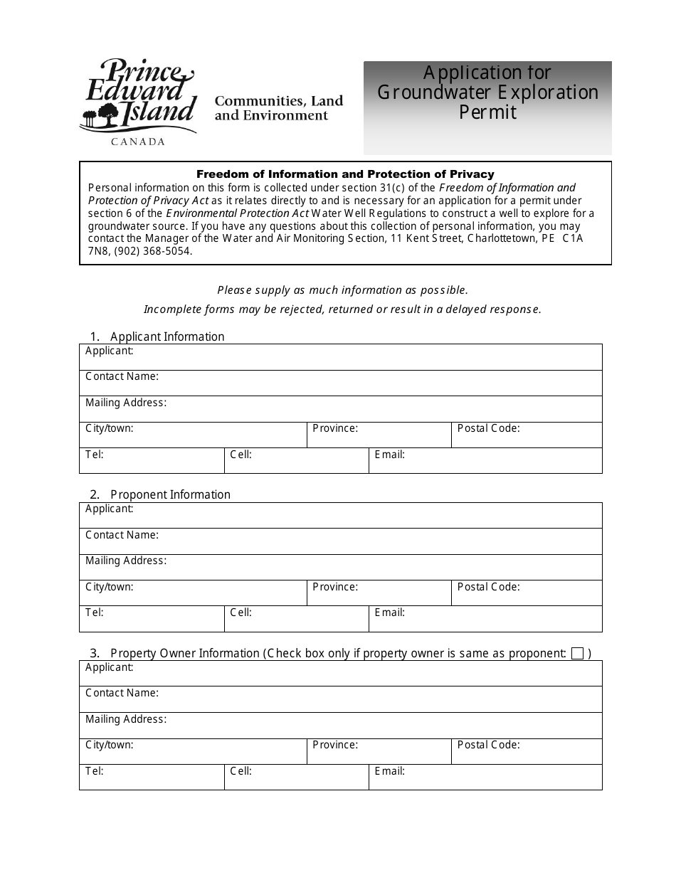 Application for Groundwater Exploration Permit - Prince Edward Island, Canada, Page 1