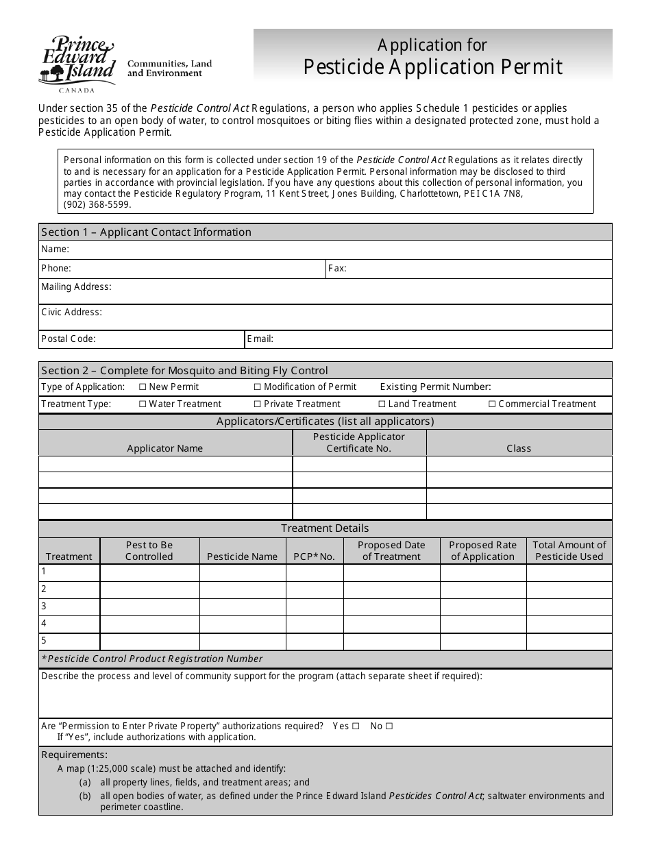 Application for Pesticide Application Permit - Prince Edward Island, Canada, Page 1