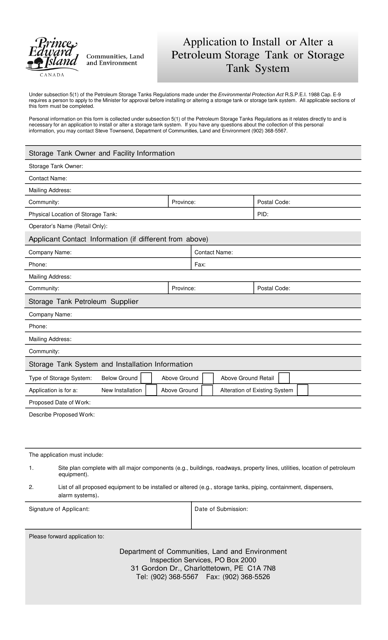 Application to Install or Alter a Petroleum Storage Tank or Storage Tank System - Prince Edward Island, Canada Download Pdf