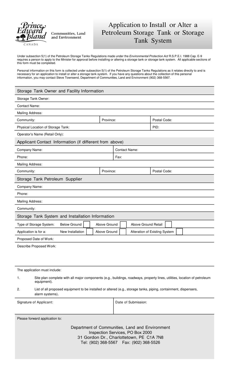 Application to Install or Alter a Petroleum Storage Tank or Storage Tank System - Prince Edward Island, Canada, Page 1