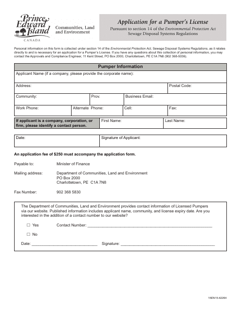 Application for a Pumper's License - Prince Edward Island, Canada