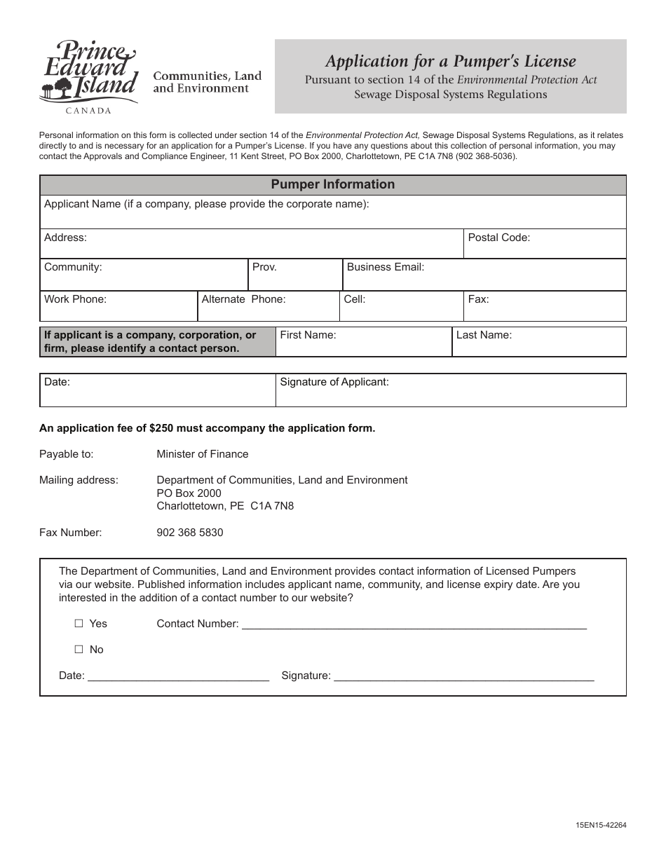 Application for a Pumpers License - Prince Edward Island, Canada, Page 1