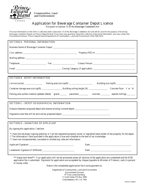 Application for Beverage Container Depot Licence - Prince Edward Island, Canada