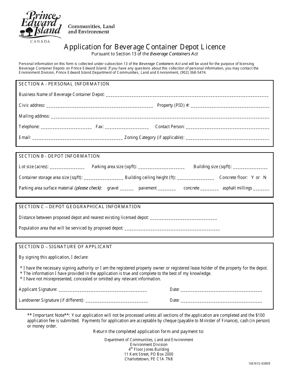 Application for Beverage Container Depot Licence - Prince Edward Island, Canada, Page 1