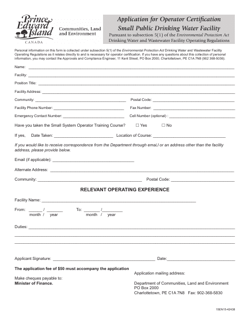 Application for Operator Certification Small Public Drinking Water Facility - Prince Edward Island, Canada Download Pdf