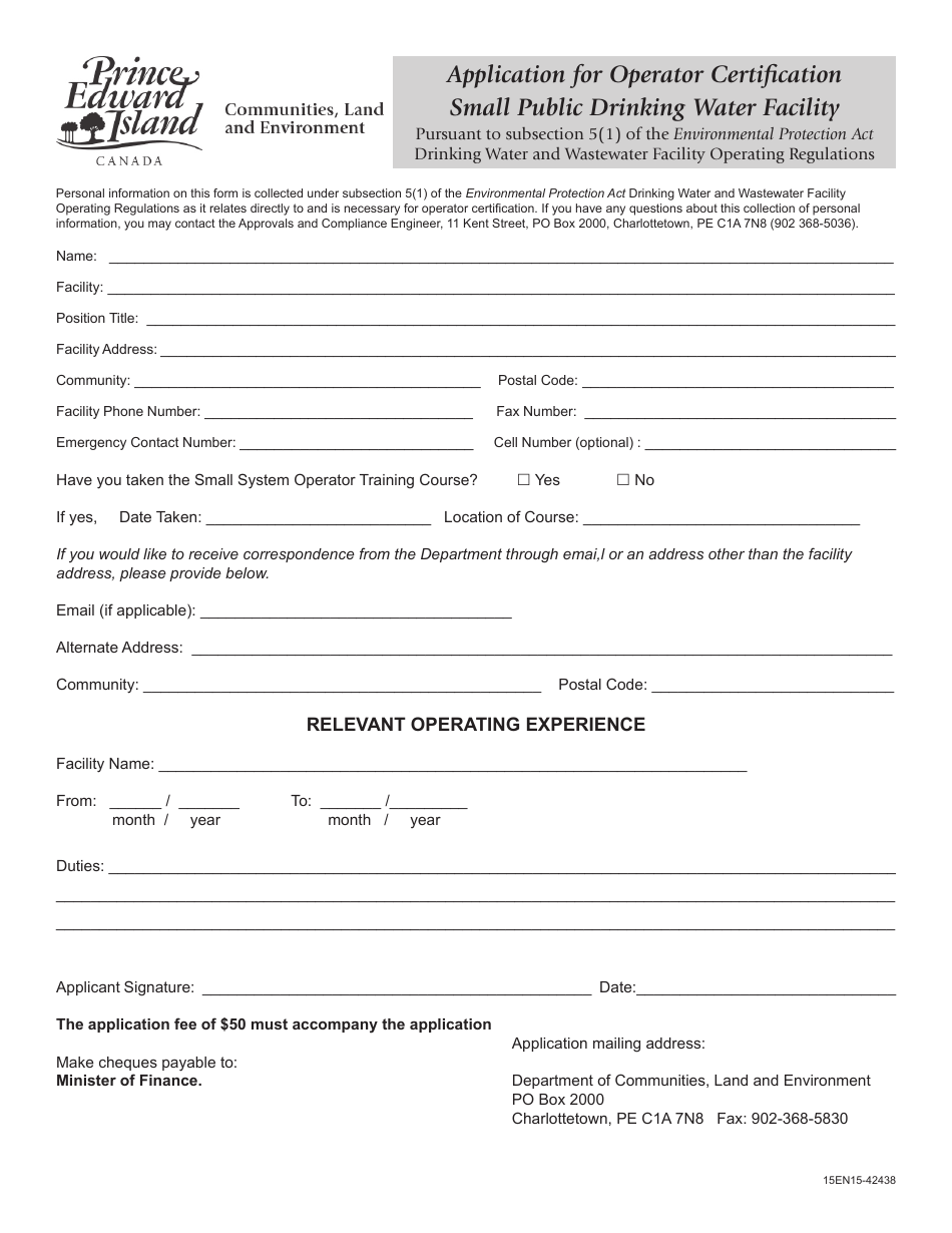 Prince Edward Island Canada Application for Operator Certification