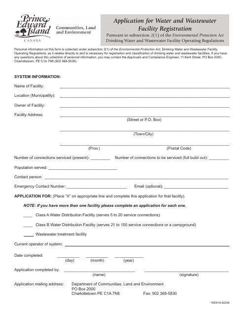 Application for Water and Wastewater Facility Registration - Prince Edward Island, Canada Download Pdf