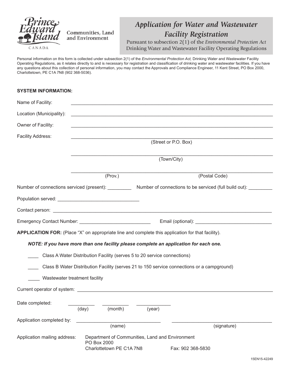 Prince Edward Island Canada Application for Water and Wastewater ...