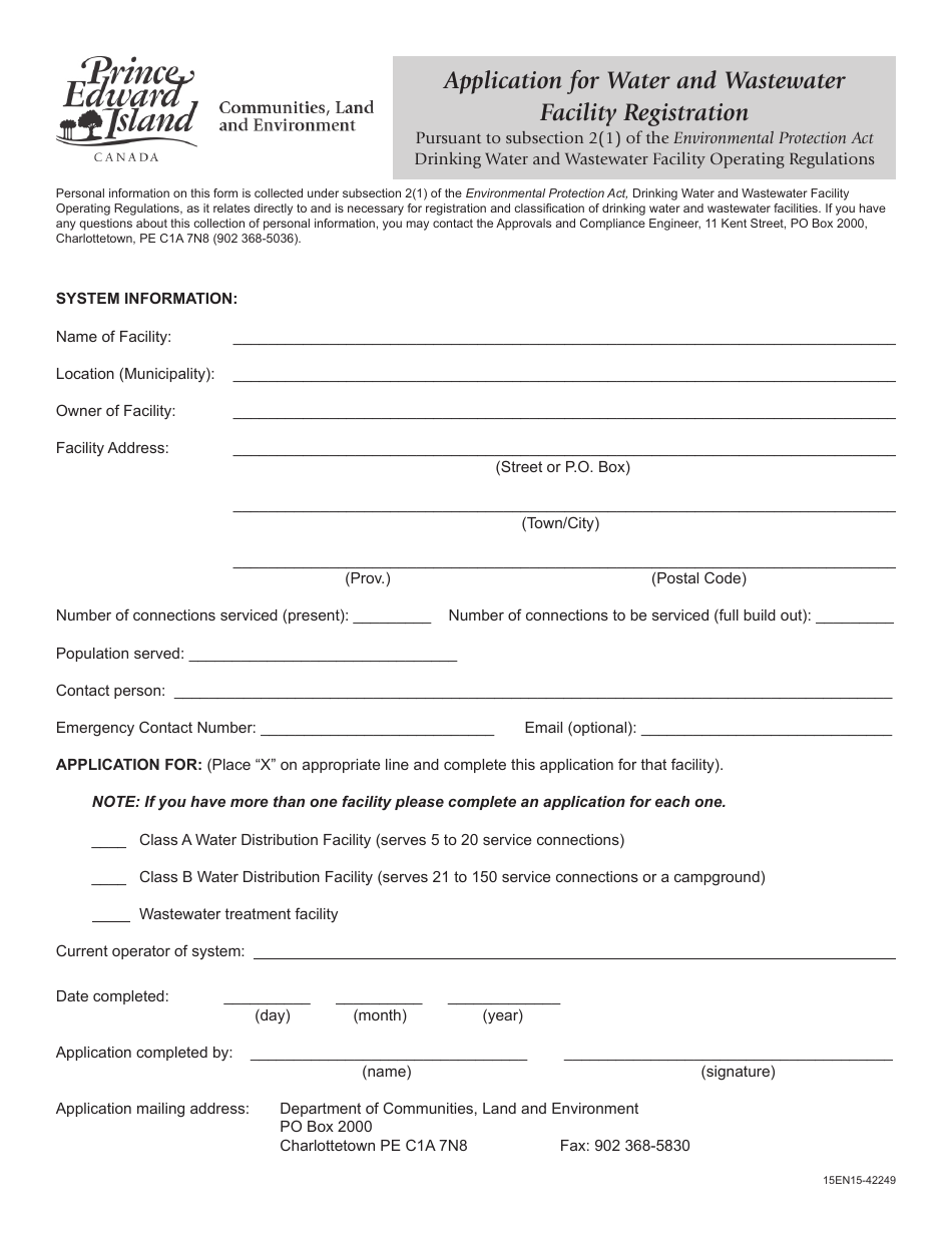 Application for Water and Wastewater Facility Registration - Prince Edward Island, Canada, Page 1