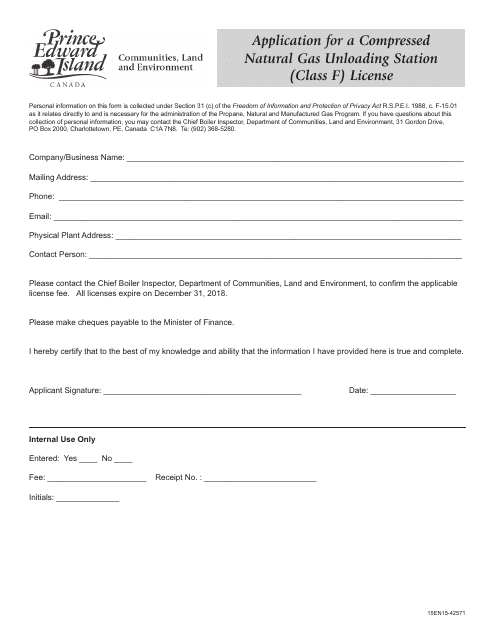 Application for a Compressed Natural Gas Unloading Station (Class F) License - Prince Edward Island, Canada Download Pdf