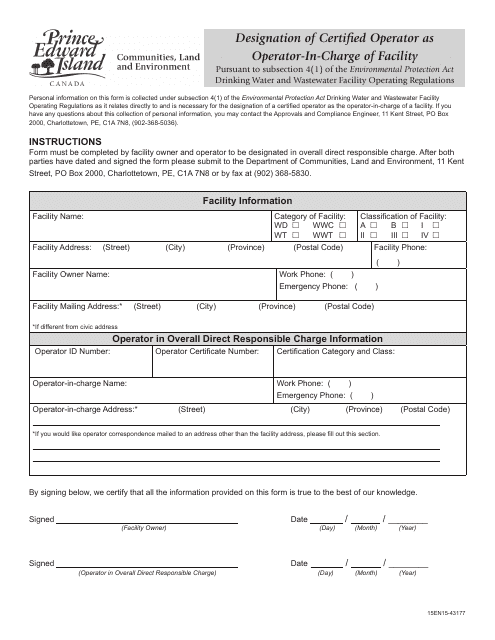 Designation of Certified Operator as Operator-In-charge of Facility - Prince Edward Island, Canada Download Pdf
