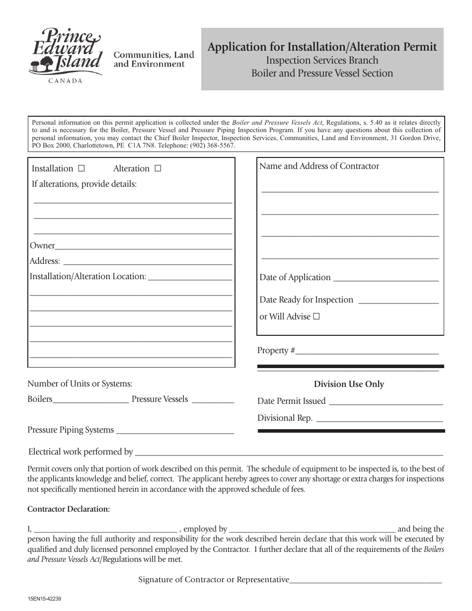 Prince Edward Island Canada Application for Installation/Alteration ...