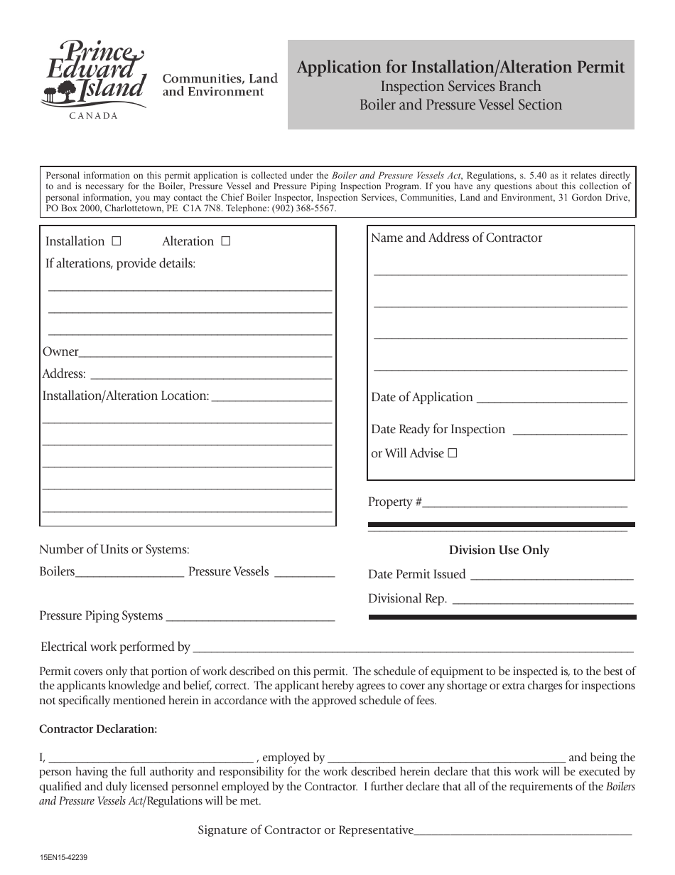 Application for Installation / Alteration Permit - Prince Edward Island, Canada, Page 1