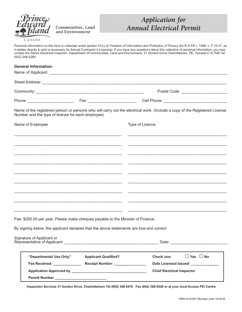 Application for Annual Electrical Permit - Prince Edward Island, Canada Download Pdf