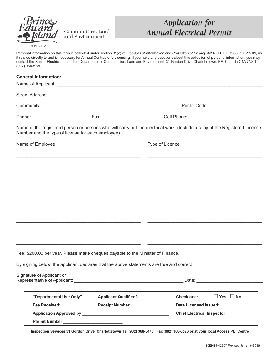 Application for Annual Electrical Permit - Prince Edward Island, Canada, Page 1