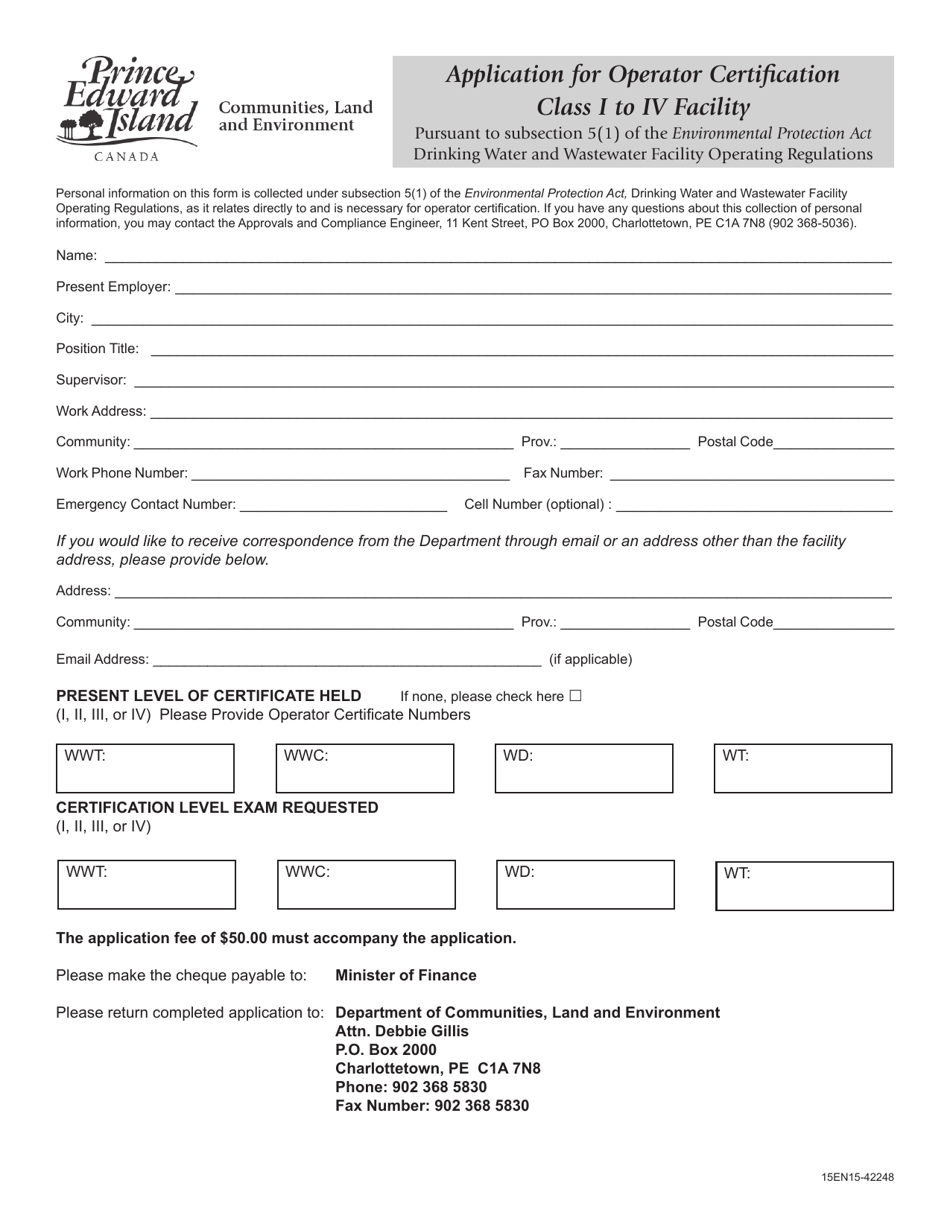 Application for Operator Certification Class I to IV Facility - Prince Edward Island, Canada, Page 1