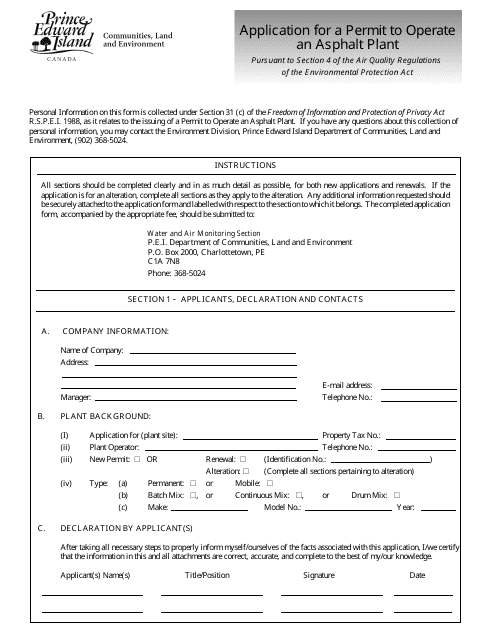 &quot;Application for a Permit to Operate an Asphalt Plant&quot; - Prince Edward Island, Canada Download Pdf