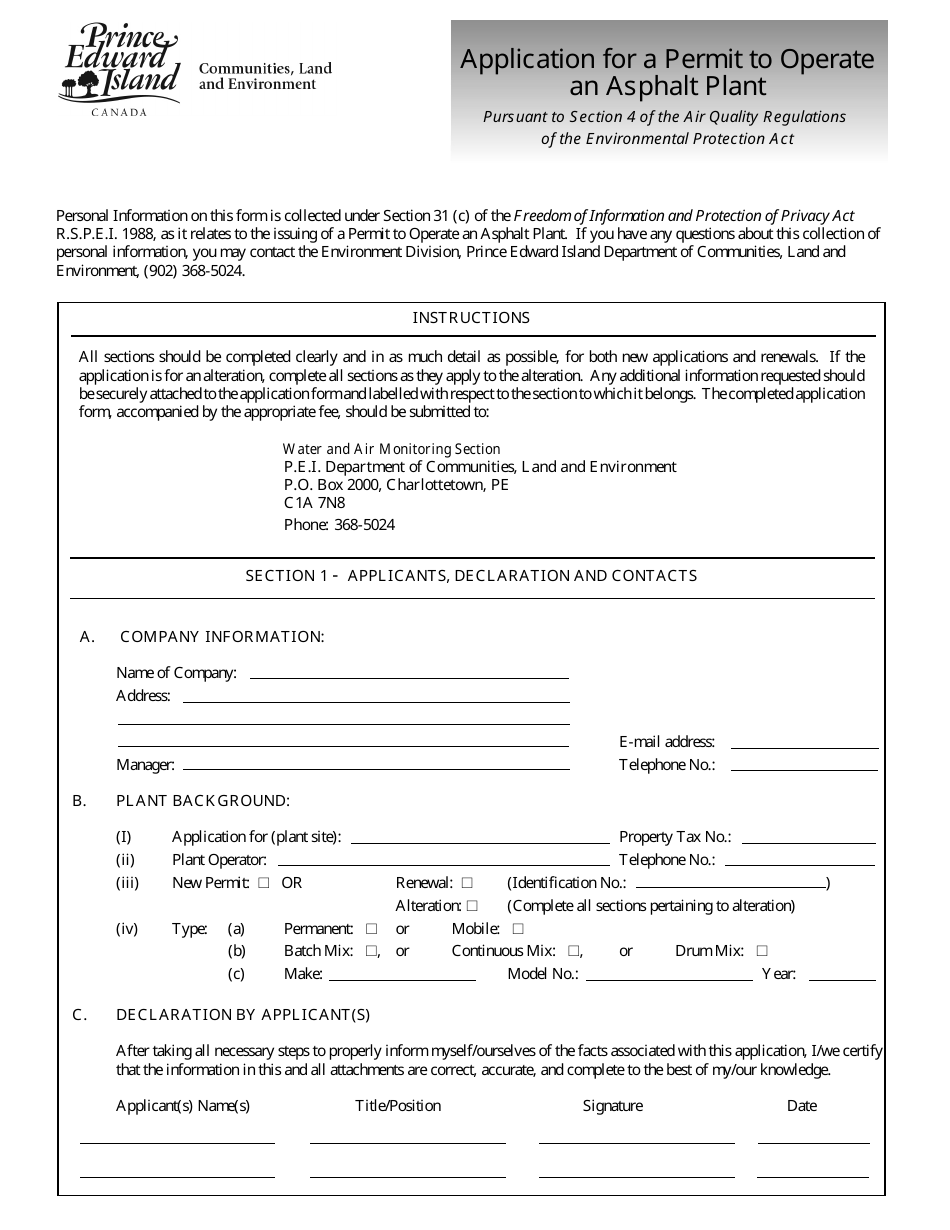 Application for a Permit to Operate an Asphalt Plant - Prince Edward Island, Canada, Page 1