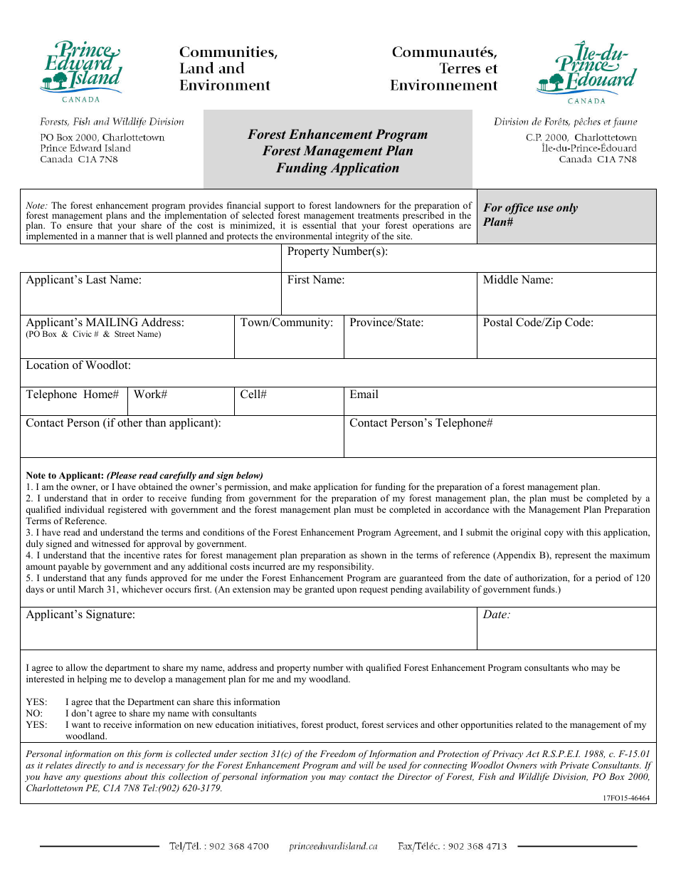 Forest Enhancement Program Forest Management Plan Funding Application - Prince Edward Island, Canada, Page 1