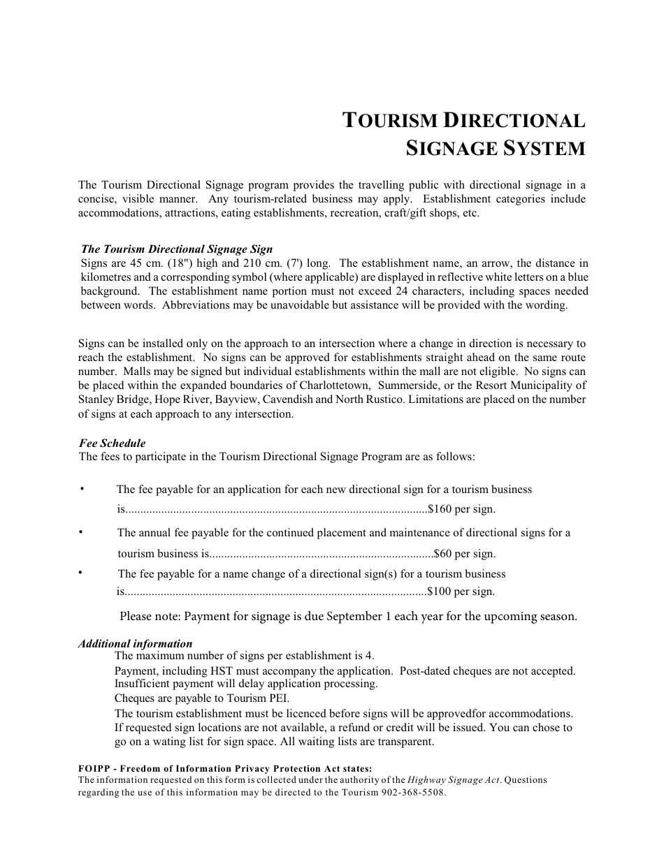 Application to Participate in the Prince Edward Island Tourism Directional Signage System in Accordance With Section 8 of the P.e.i. highway Signage Act - Prince Edward Island, Canada, Page 1