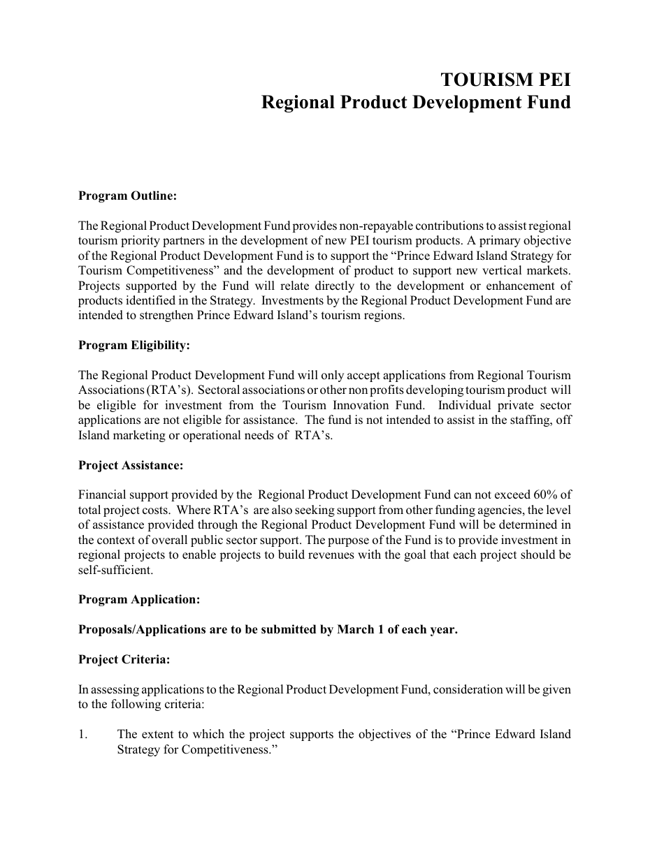 Tourism Pei Regional Product Development Fund Application - Prince Edward Island, Canada, Page 1