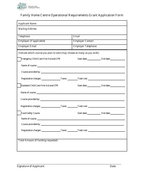 Family Home Centre Operational Requirements Grant Application Form - Prince Edward Island, Canada