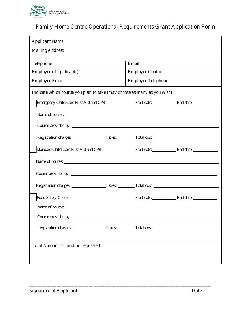 Family Home Centre Operational Requirements Grant Application Form - Prince Edward Island, Canada, Page 1