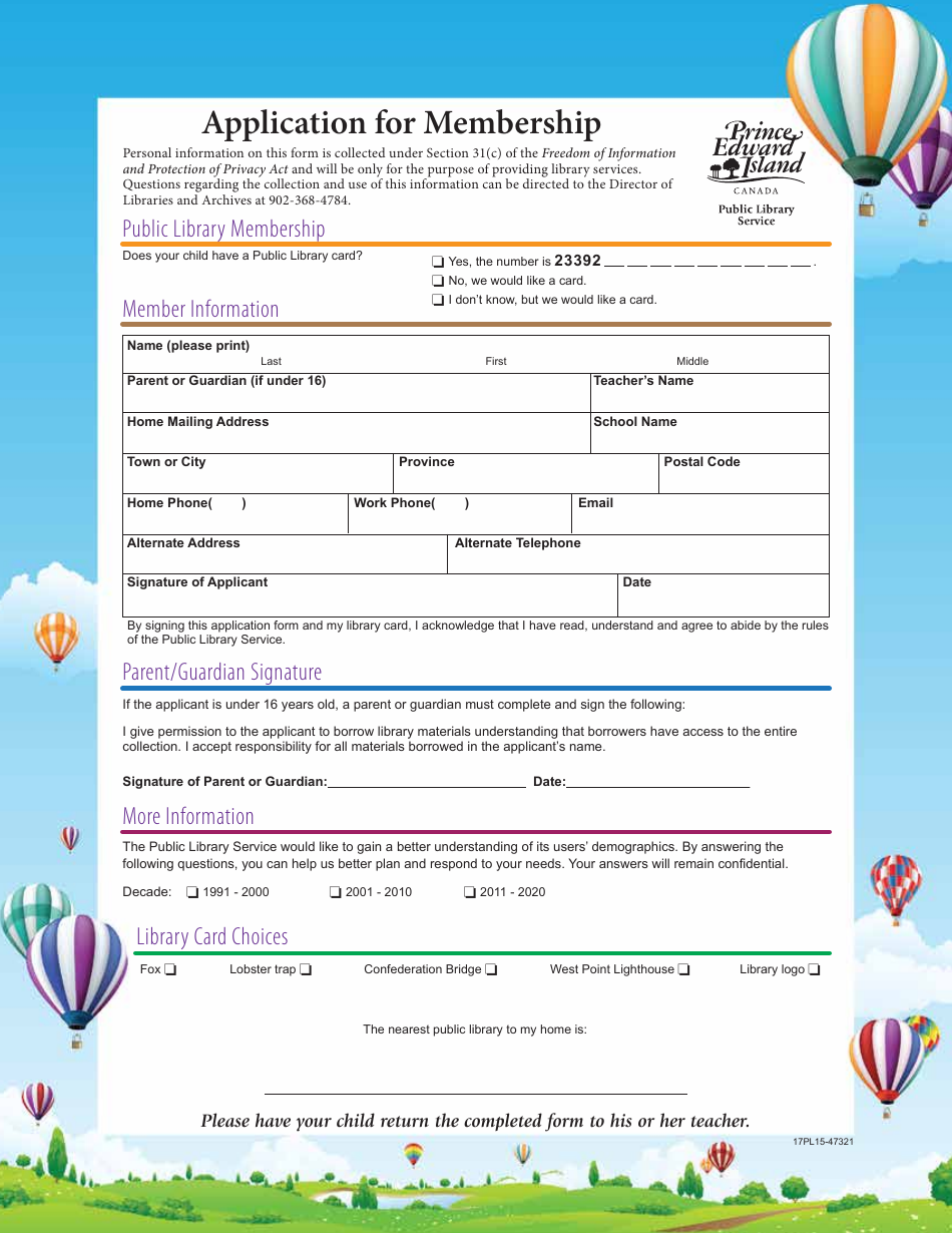 Student Application for Library Membership - Prince Edward Island, Canada, Page 1