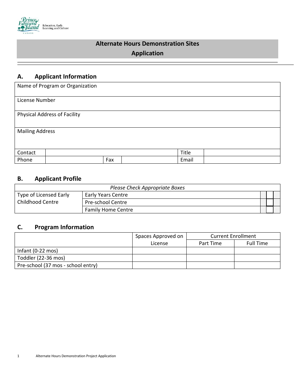 Alternate Hours Demonstration Sites Application - Prince Edward Island, Canada, Page 1