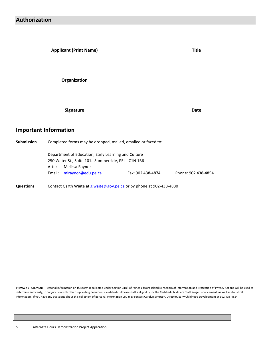 Alternate Hours Demonstration Sites Application - Prince Edward Island, Canada, Page 5