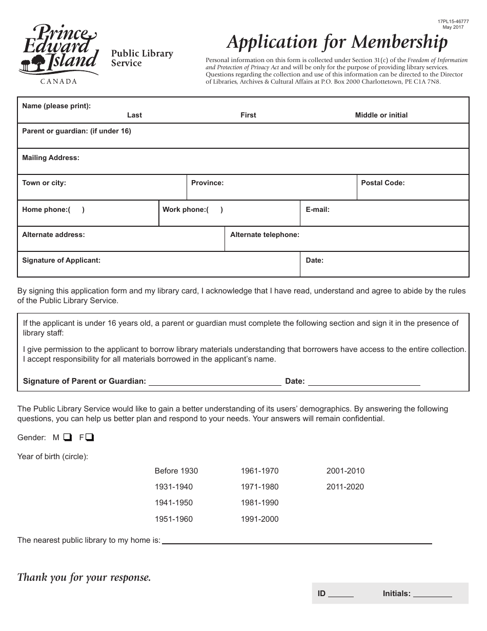Application for Membership - Prince Edward Island, Canada, Page 1
