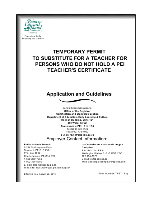 Application for Verification of Eligibility as a Substitute Teacher - Prince Edward Island, Canada Download Pdf