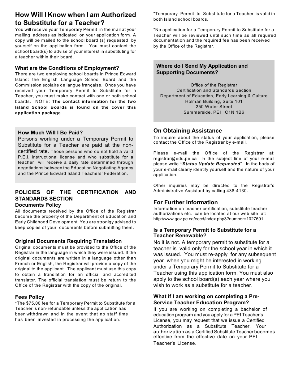 Application for Verification of Eligibility as a Substitute Teacher - Prince Edward Island, Canada, Page 3
