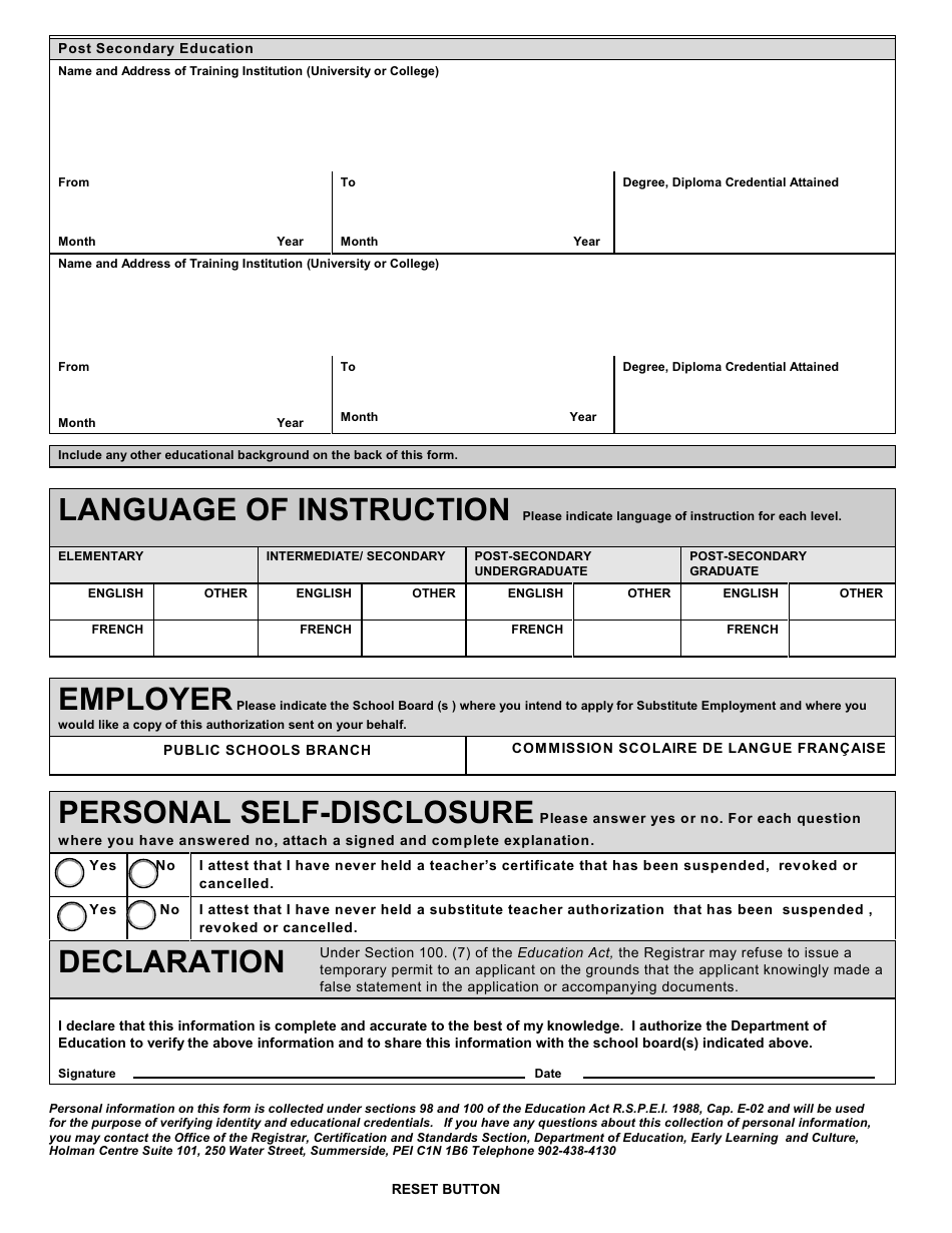 Application for Verification of Eligibility as a Substitute Teacher - Prince Edward Island, Canada, Page 5