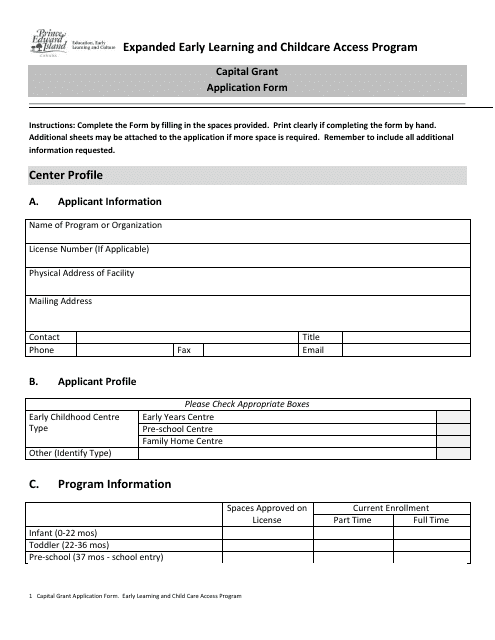 Capital Grant Application Form - Prince Edward Island, Canada Download Pdf